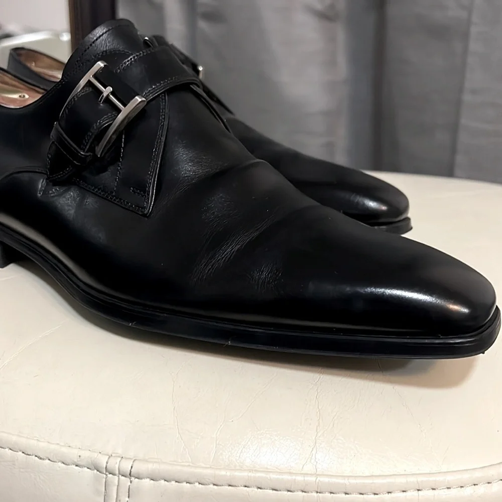 Magnanni Black Leather Monk Strap Loafers